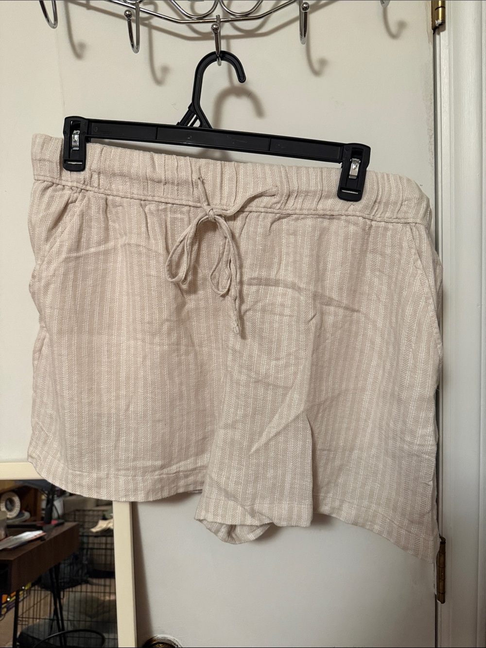 Time and Tru Cream Beige Striped Drawstring Short